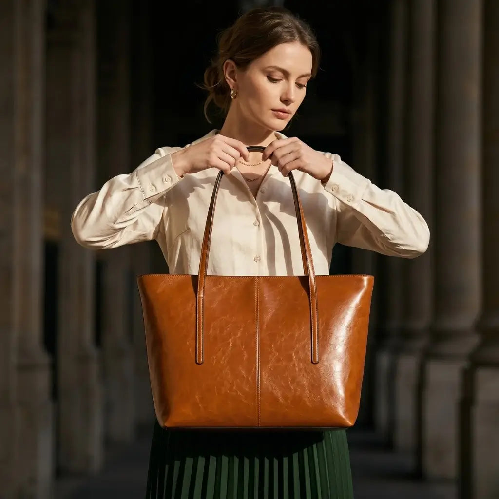 Close em mãos femininas segurando bolsa grande de couro caramelo oil wax com blusa creme e saia verde floresta entre colunas escuras