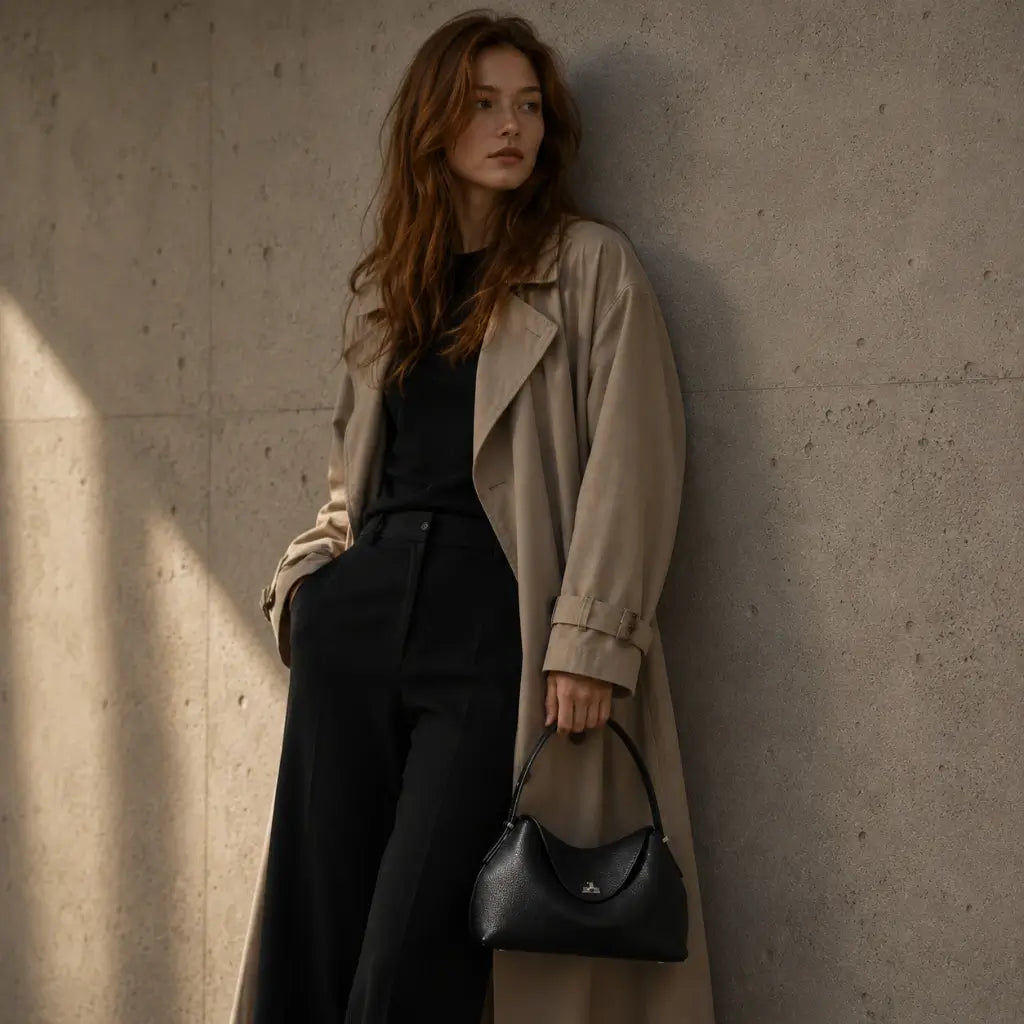 Bolsa Feminina em Couro Calla Preta usada por modelo com trench coat bege e calça preta apoiada em parede de concreto