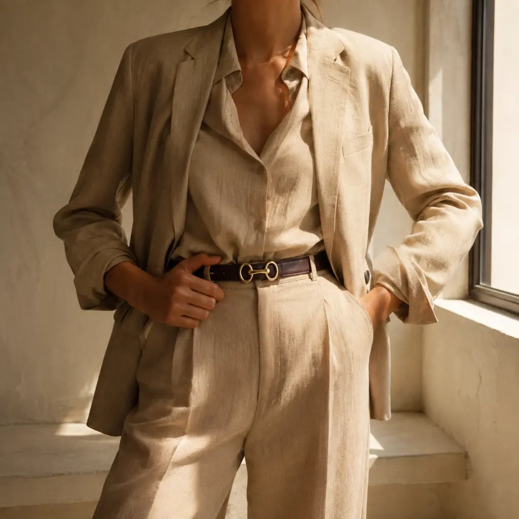 Detalhe do cinto feminino café Nualle na cintura, look de alfaiataria bege