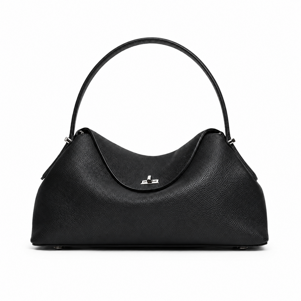Bolsa de mão em couro Calla Preta em vista frontal sobre fundo branco