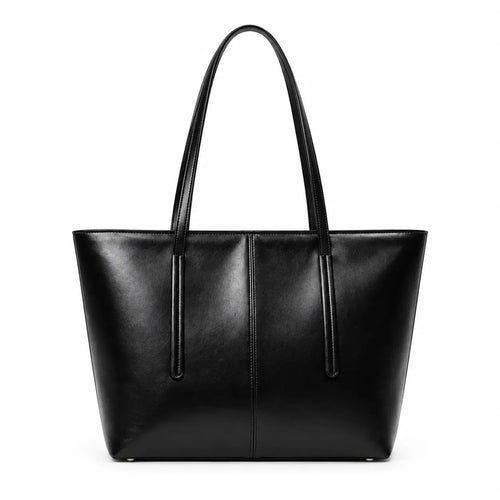 Bolsa Tote Élise Preta em couro, vista frontal sobre fundo branco