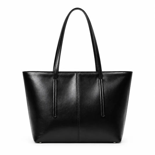 Bolsa Tote Élise Preta em couro, vista frontal sobre fundo branco