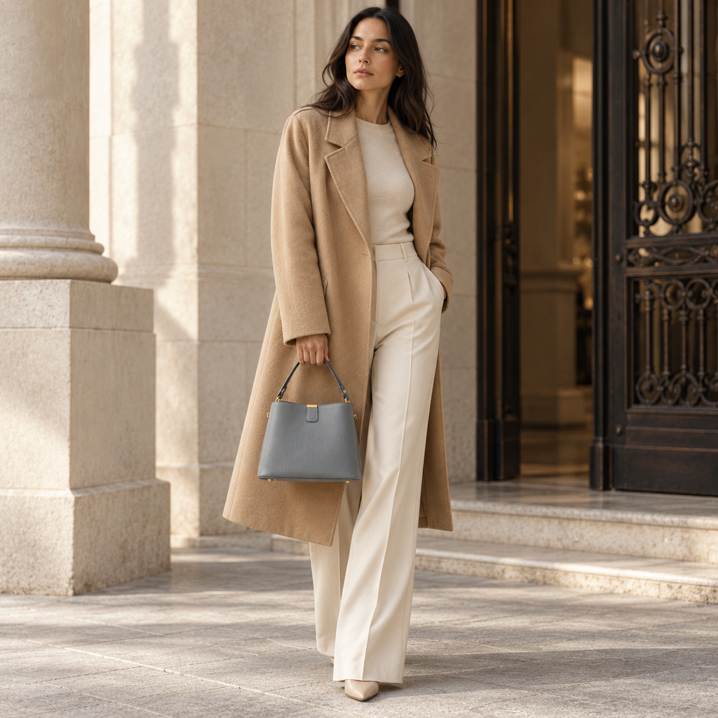 Mulher usando a Bolsa de Mão Elara Cinza com look executivo sofisticado em tons neutros