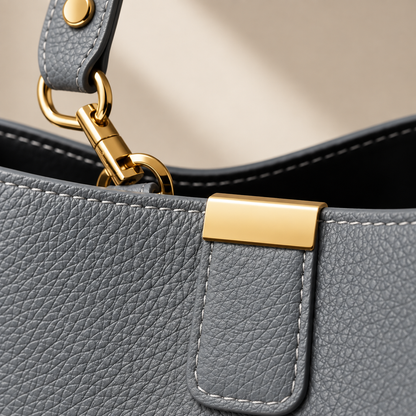 Detalhe do couro granulado, costuras e ferragens douradas da Bolsa Elara Cinza