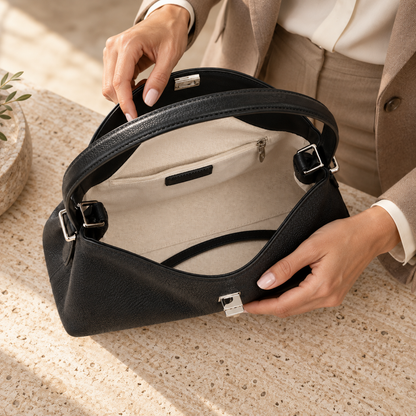 Interior claro com bolso e alça removível da Bolsa de Mão Calla Preta