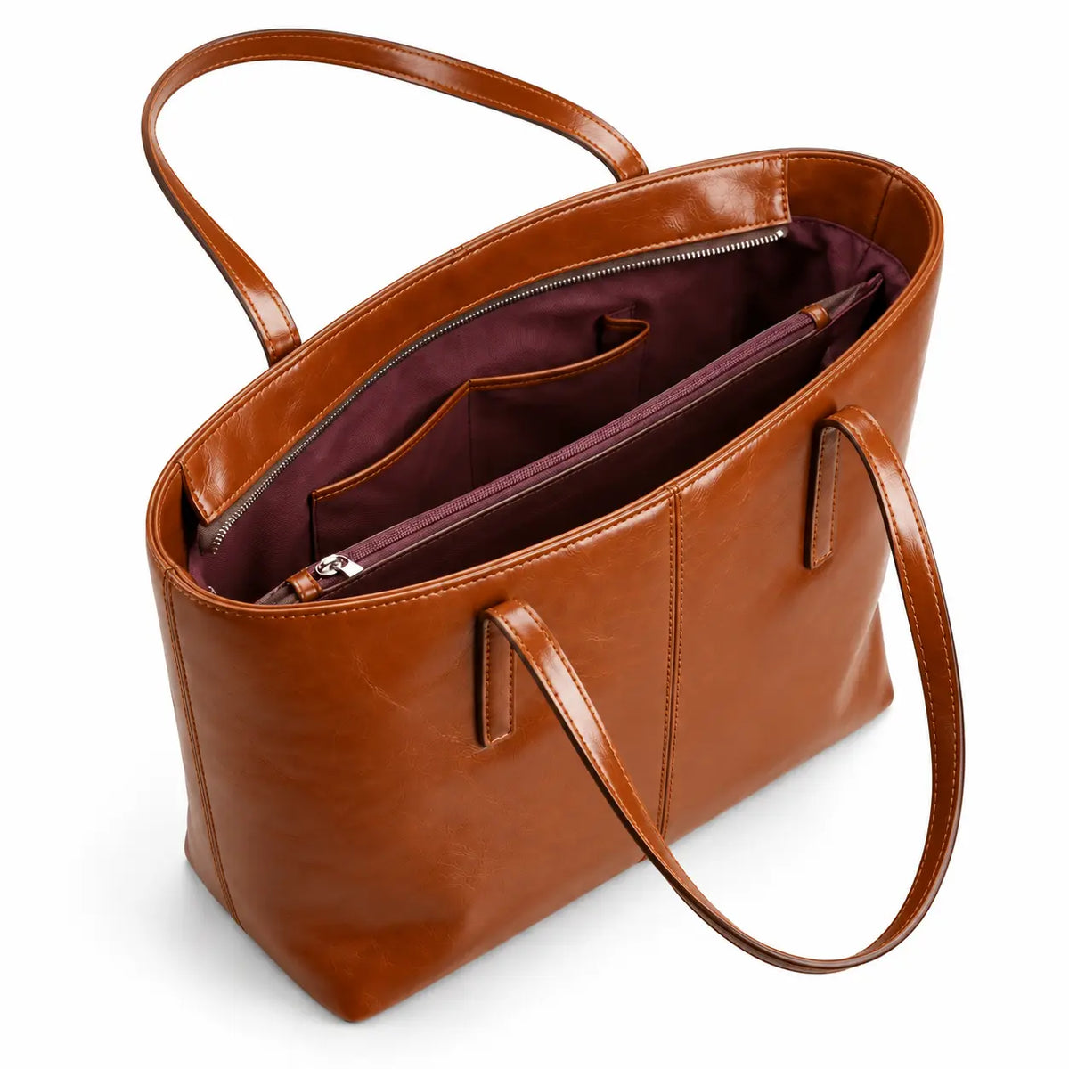 Interior da Bolsa Tote Élise Caramel com compartimentos organizadores