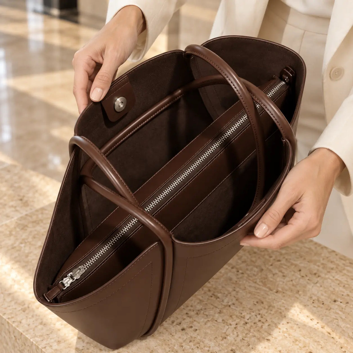 Interior organizado da Bolsa Tote em Couro Zoé Coffee com compartimento central
