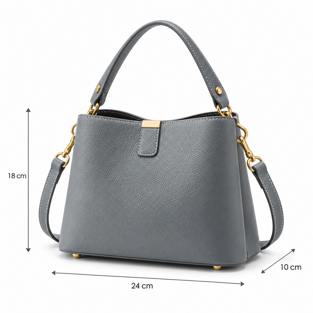 Medidas da Bolsa Elara Cinza: 24 cm de largura, 10 cm de profundidade e 18 cm de altura