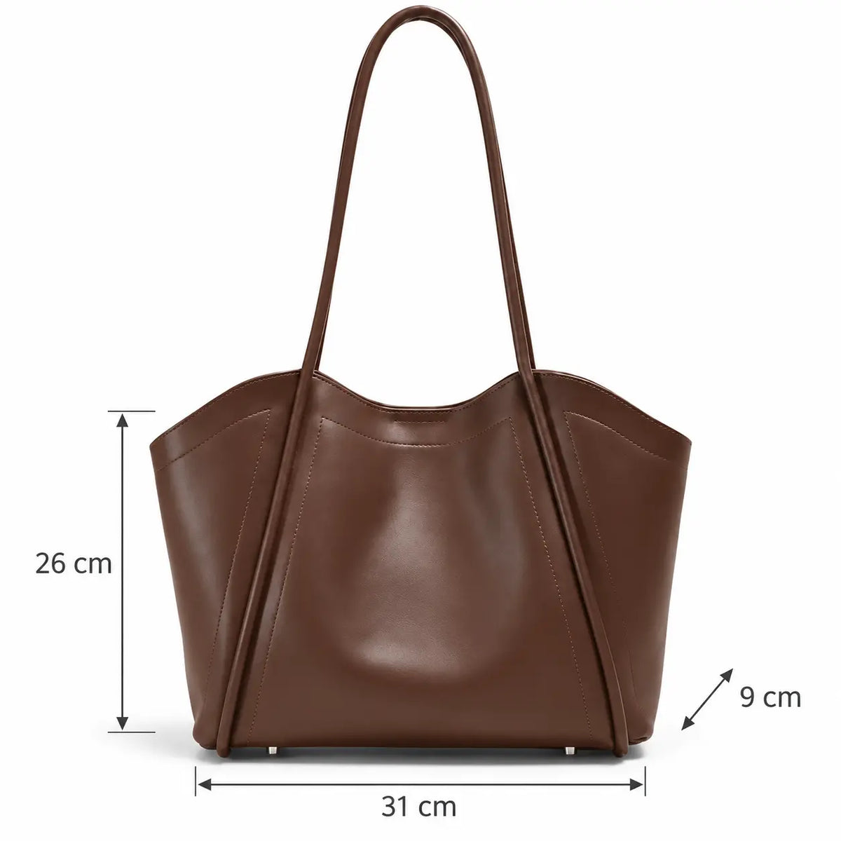 Dimensões da Bolsa Tote em Couro Zoé Coffee: 31 por 9 por 26 centímetros