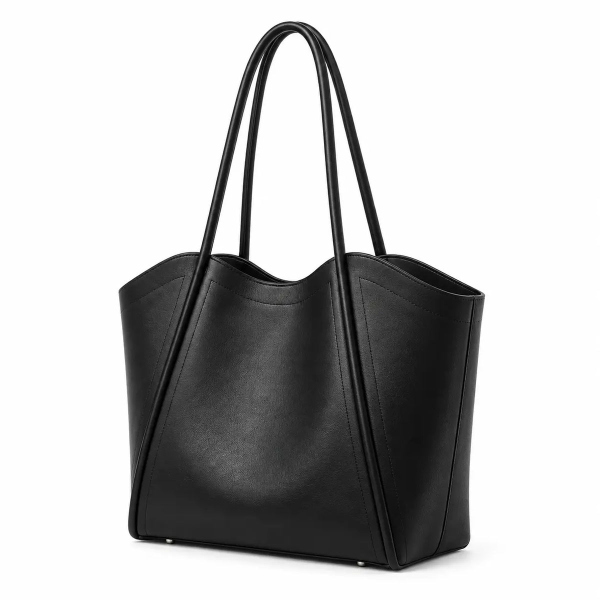 Vista lateral da Bolsa Tote em Couro Zoé Preta destacando a profundidade
