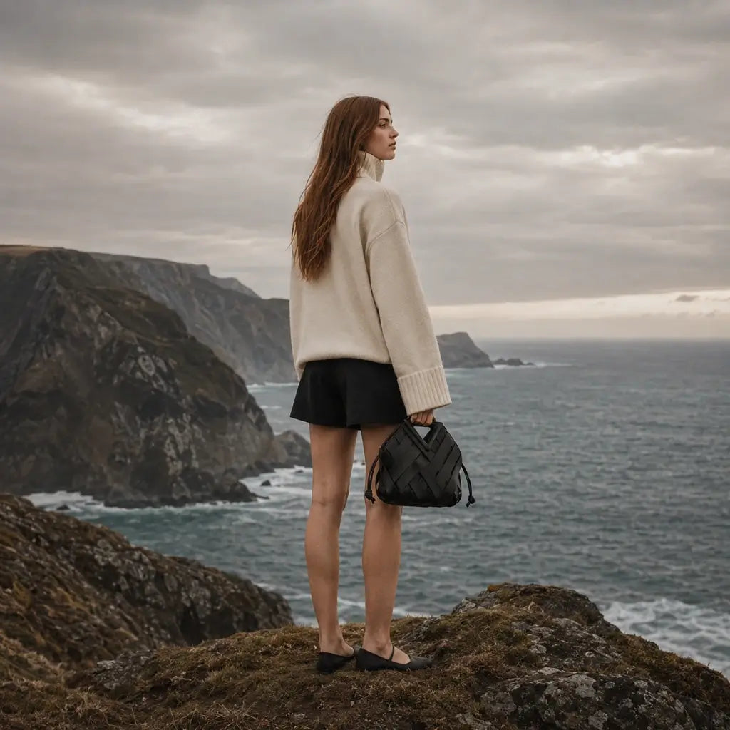 Uma mulher jovem, de costas e com cabelo ruivo comprido, está em pé na borda de um penhasco costeiro íngreme, olhando para o mar agitado sob um céu nublado. Ela veste um suéter de gola alta creme oversized e shorts pretos. Na mão esquerda, ela segura a bolsa Nualle 'Iris' de couro trançado preto, com sua alça estruturada e cordões laterais
