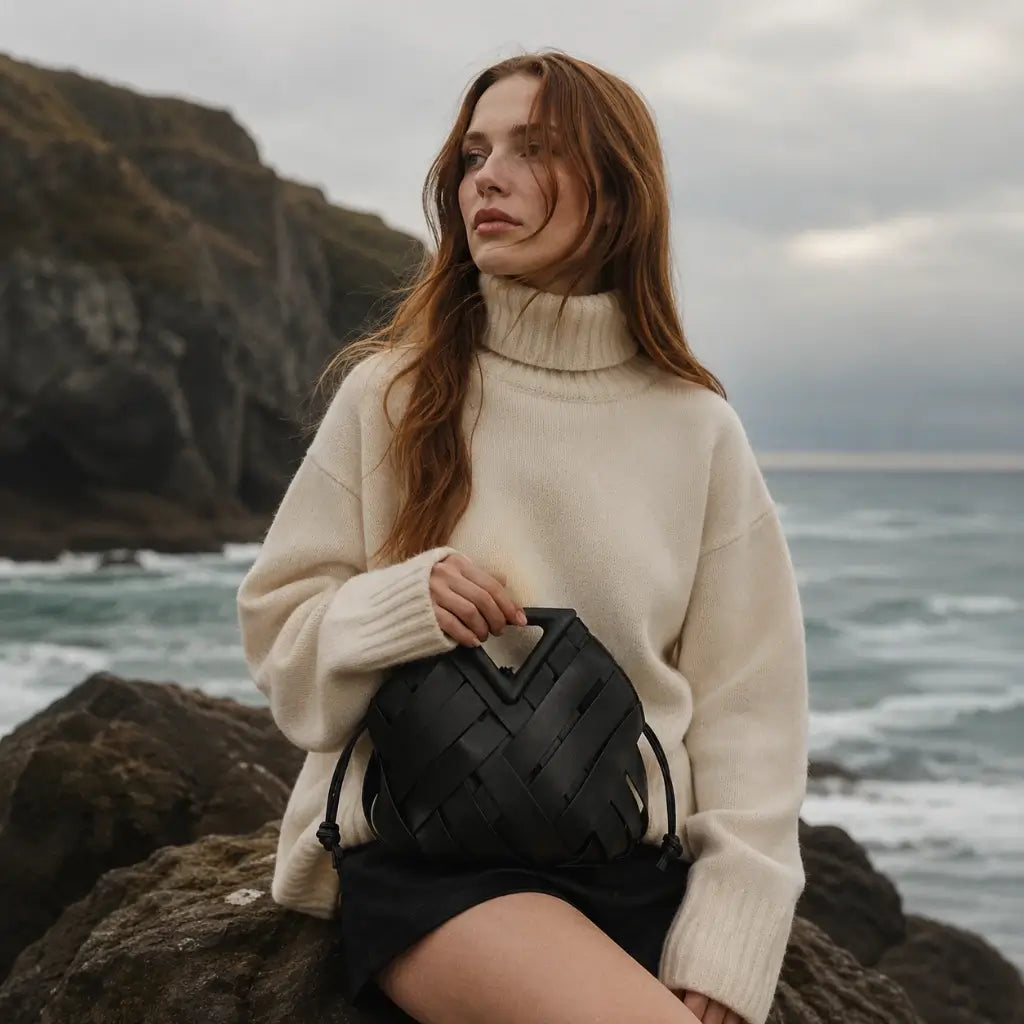 Modelo sentada em uma rocha à beira-mar segurando a bolsa Iris de couro preto da Nualle. Ela veste um suéter de gola alta tricotado off-white, transmitindo uma estética de luxo silencioso e atemporal.