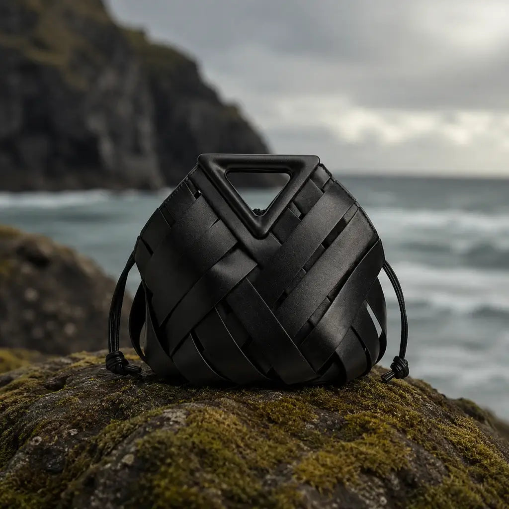 Bolsa de luxo Iris em couro trançado preto da Nualle apoiada sobre uma pedra com musgos, com a paisagem do oceano ao fundo, evidenciando a textura natural do material e a silhueta geométrica da peça