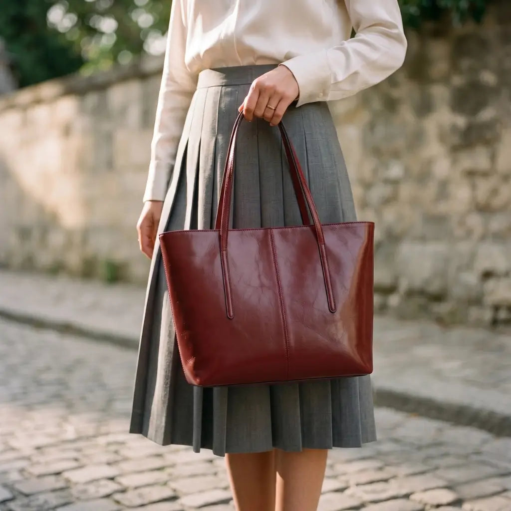 Detalhe da bolsa feminina tote em couro vermelho com acabamento premium e textura natural