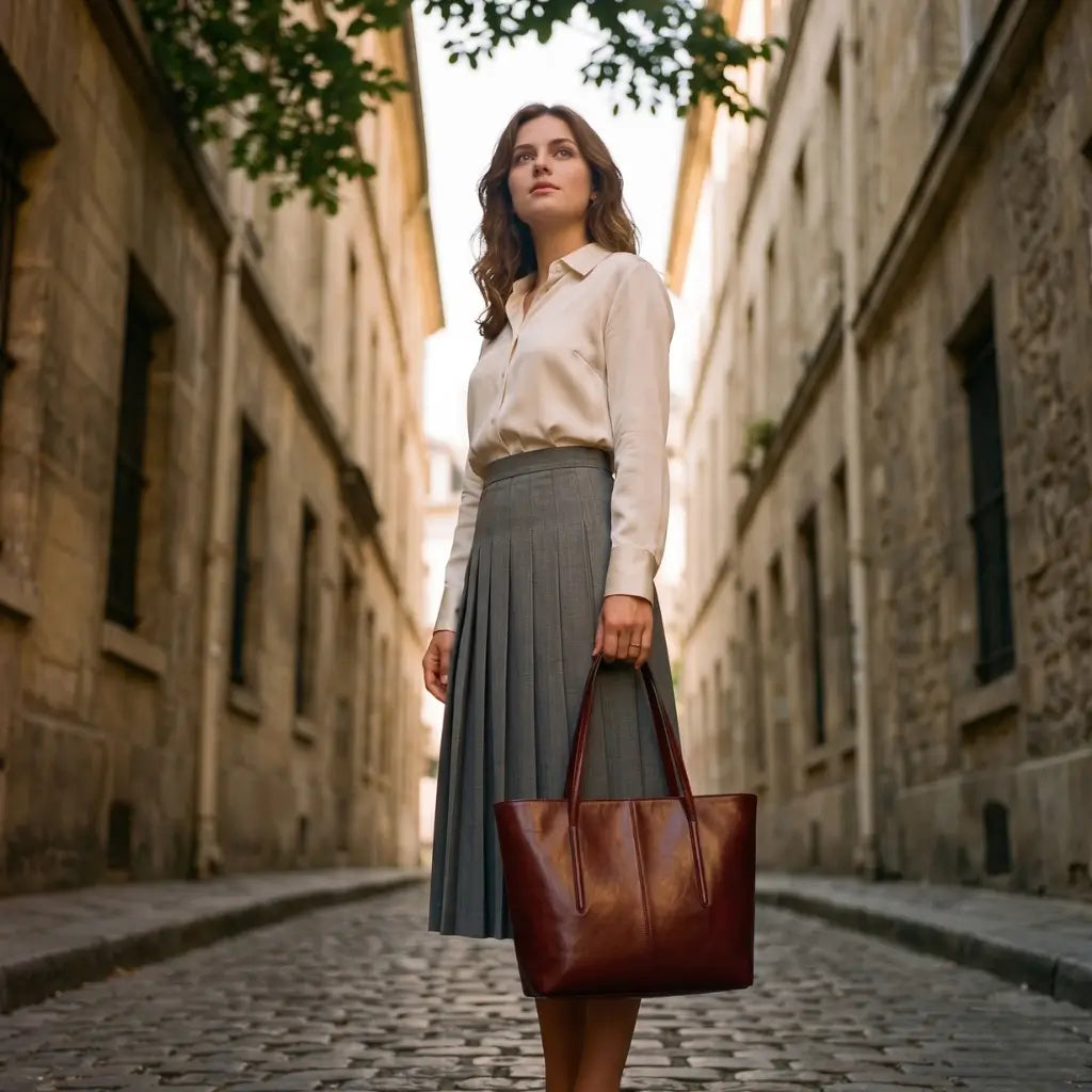 Bolsa tote feminina em couro vermelho em editorial de moda com look elegante em rua europeia