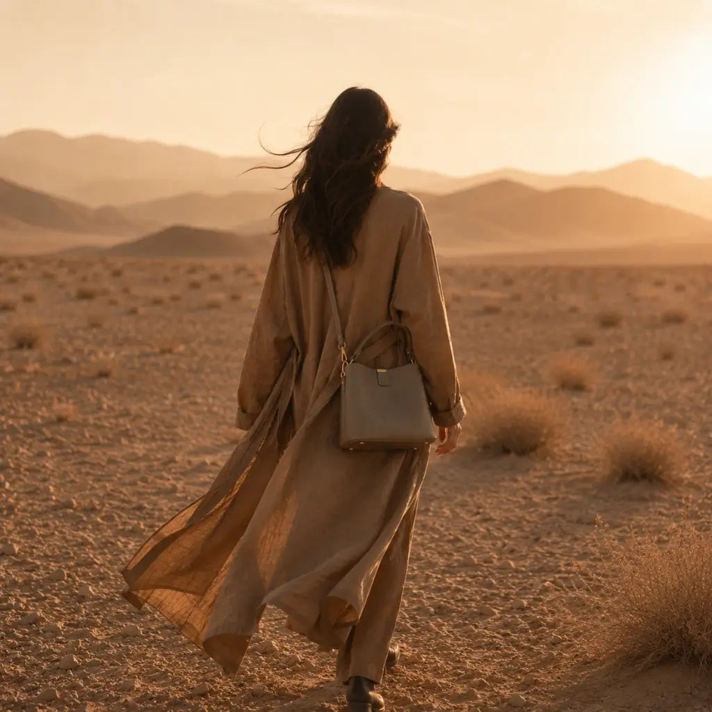 Bolsa de Mão em Couro Elara Areia com alça transversal em modelo com fundo em paisagem no deserto