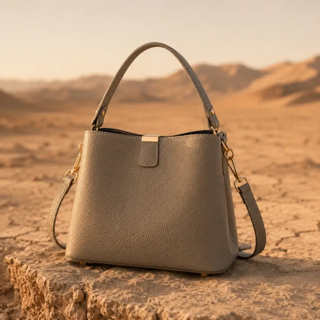 Bolsa de Mão em Couro Elara Areia com acabamento texturizado e ferragens douradas