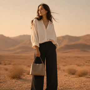 Bolsa de Mão em Couro Elara Areia com alça transversal removível em look elegante minimalista