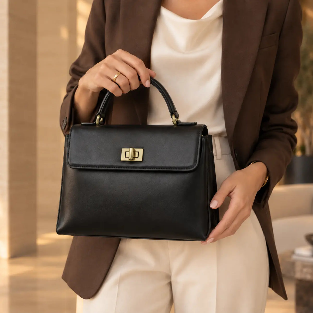 Detalhe do fecho giratório com acabamento dourado envelhecido da Bolsa Louise Preta