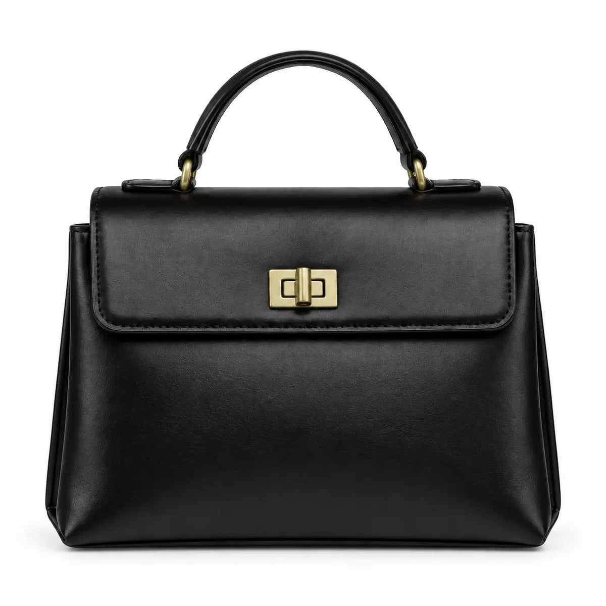 Bolsa de mão em couro Louise Preta vista frontal com ferragens em dourado envelhecido