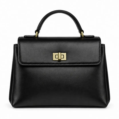 Bolsa de mão em couro Louise Preta vista frontal com ferragens em dourado envelhecido