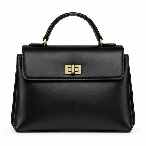 Bolsa de mão em couro Louise Preta vista frontal com ferragens em dourado envelhecido