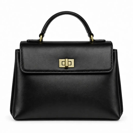 Bolsa de mão em couro Louise Preta vista frontal com ferragens em dourado envelhecido