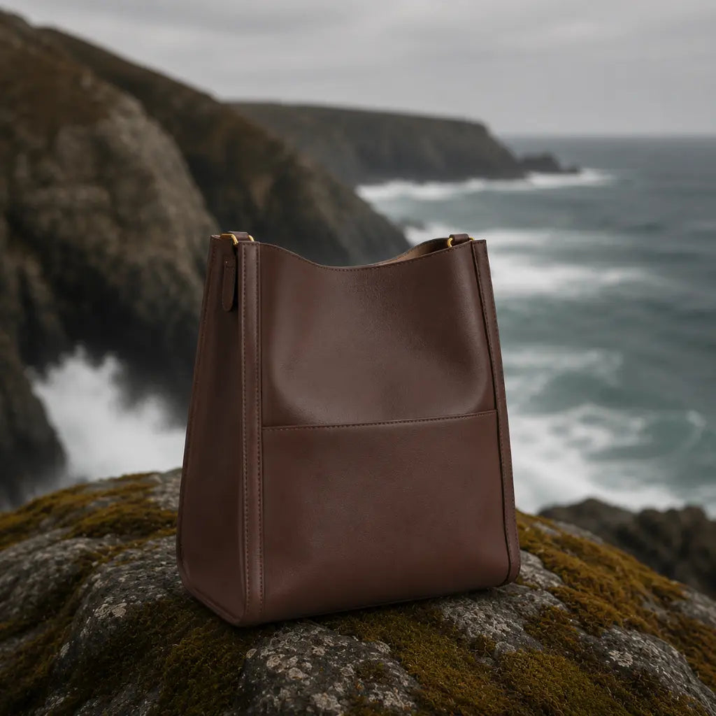 Detalhe em close da ferragem dourada e fivela da Bolsa de Ombro em Couro Eva Coffee evidenciando acabamento premium