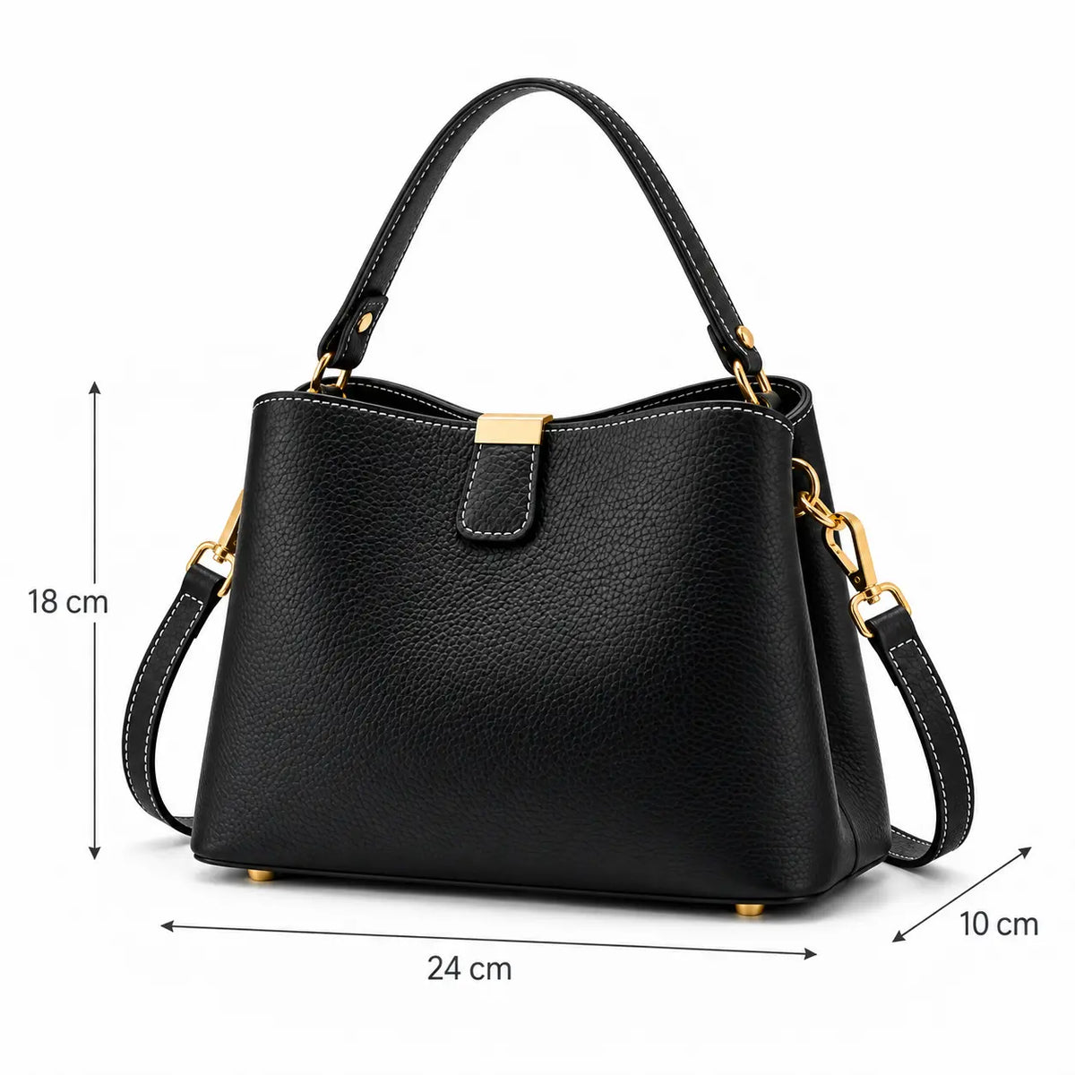 Medidas da Bolsa Elara Preta: 24 cm de largura, 10 cm de profundidade e 18 cm de altura