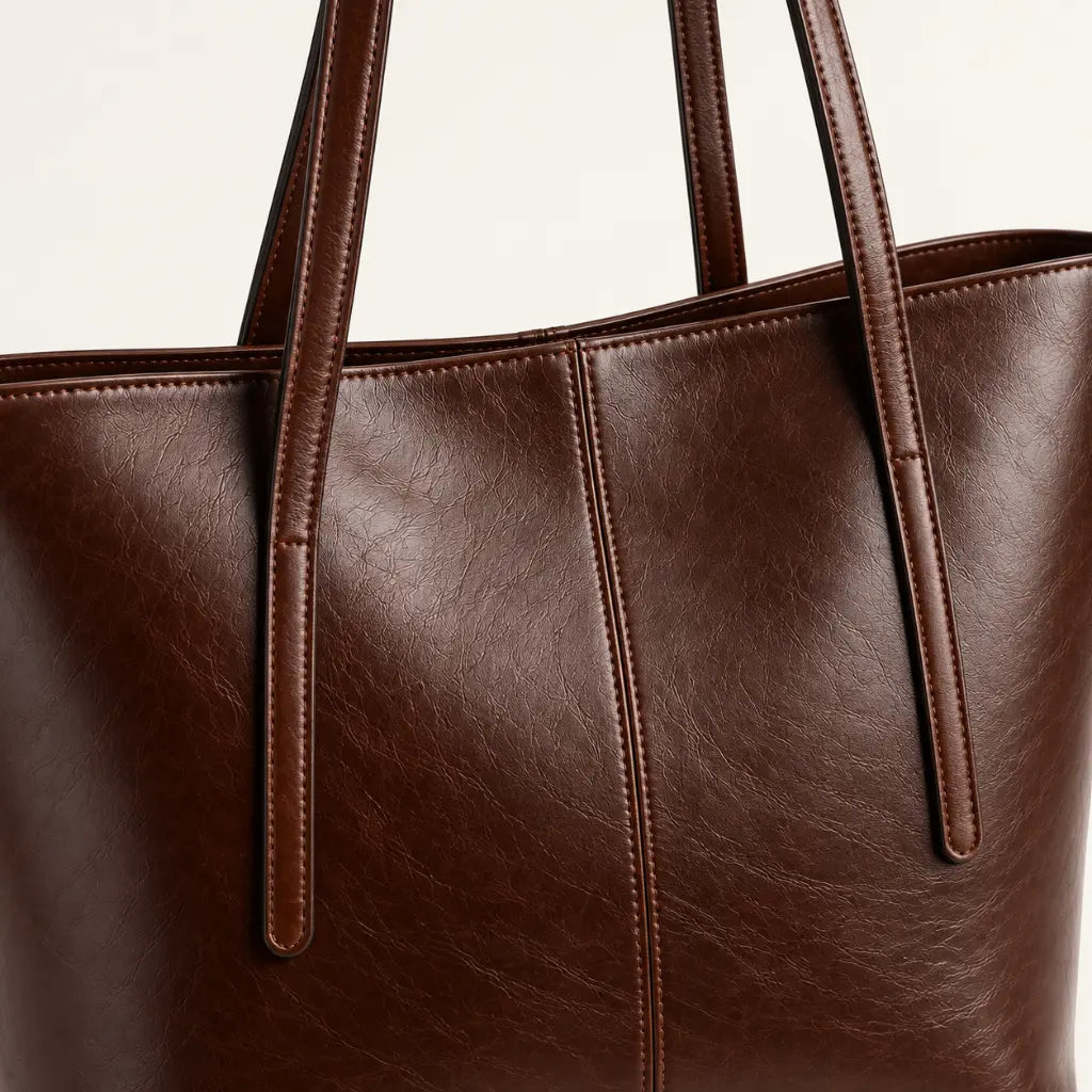 Close do couro e das costuras da Bolsa Tote Élise Coffee