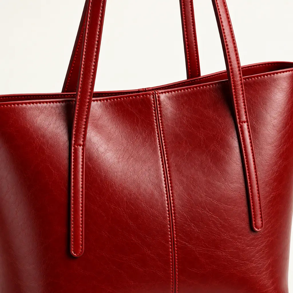 Close do couro vermelho e das costuras da Bolsa Tote Élise Red