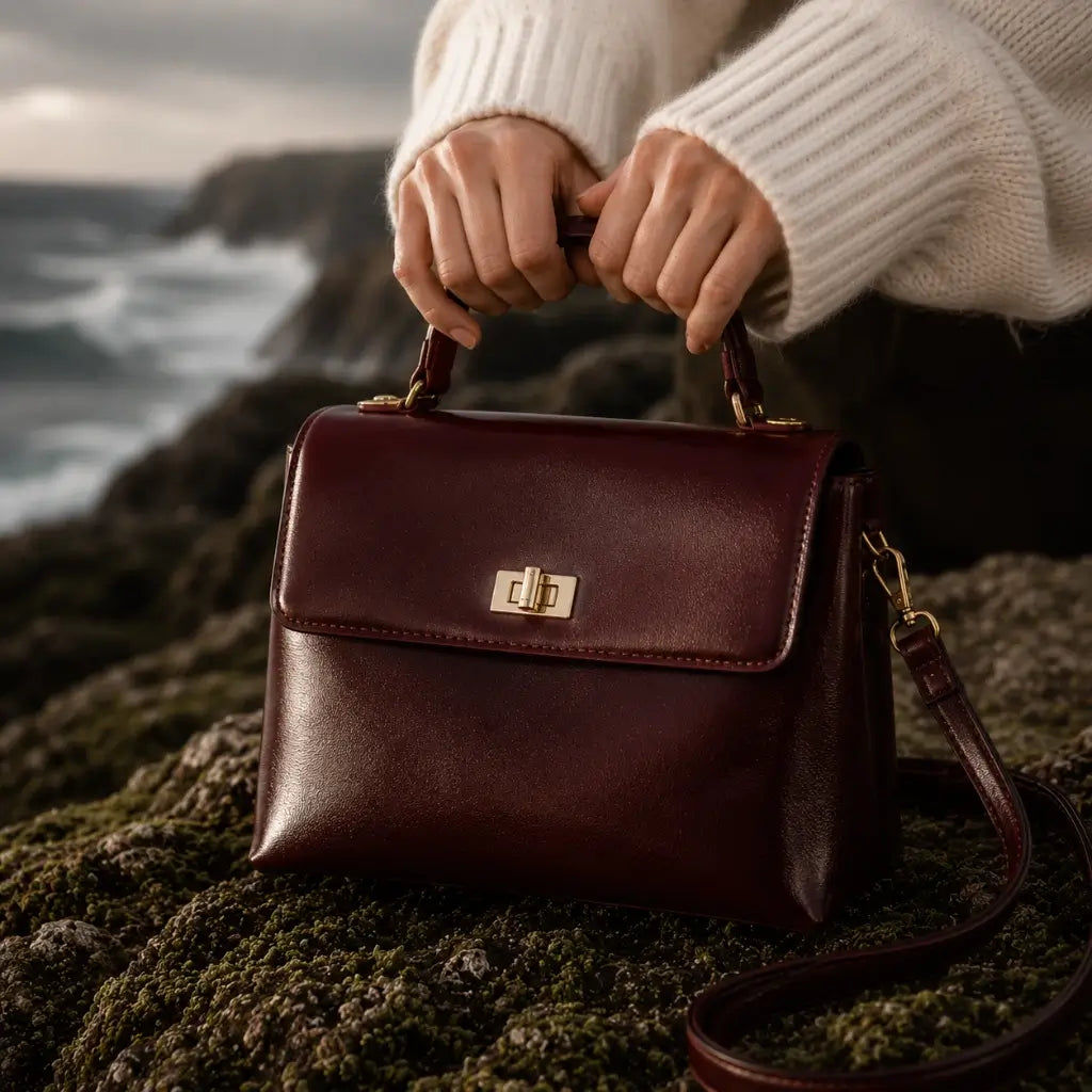 Bolsa Feminina em Couro Louise Bordô em campanha editorial sofisticada com oceano dramático ao fundo