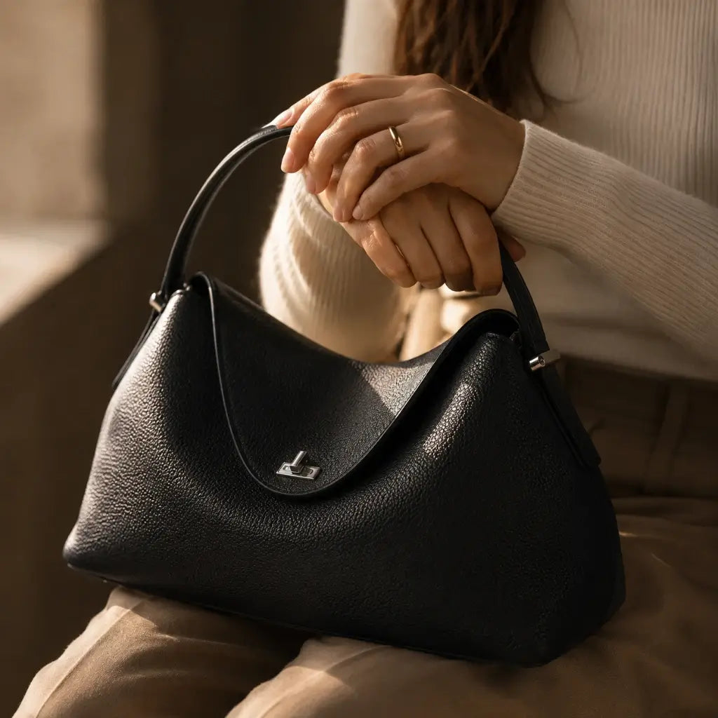 Detalhe do fecho giratório em metal prata da Bolsa Feminina em Couro Calla Preta, segura por mãos femininas com suéter creme