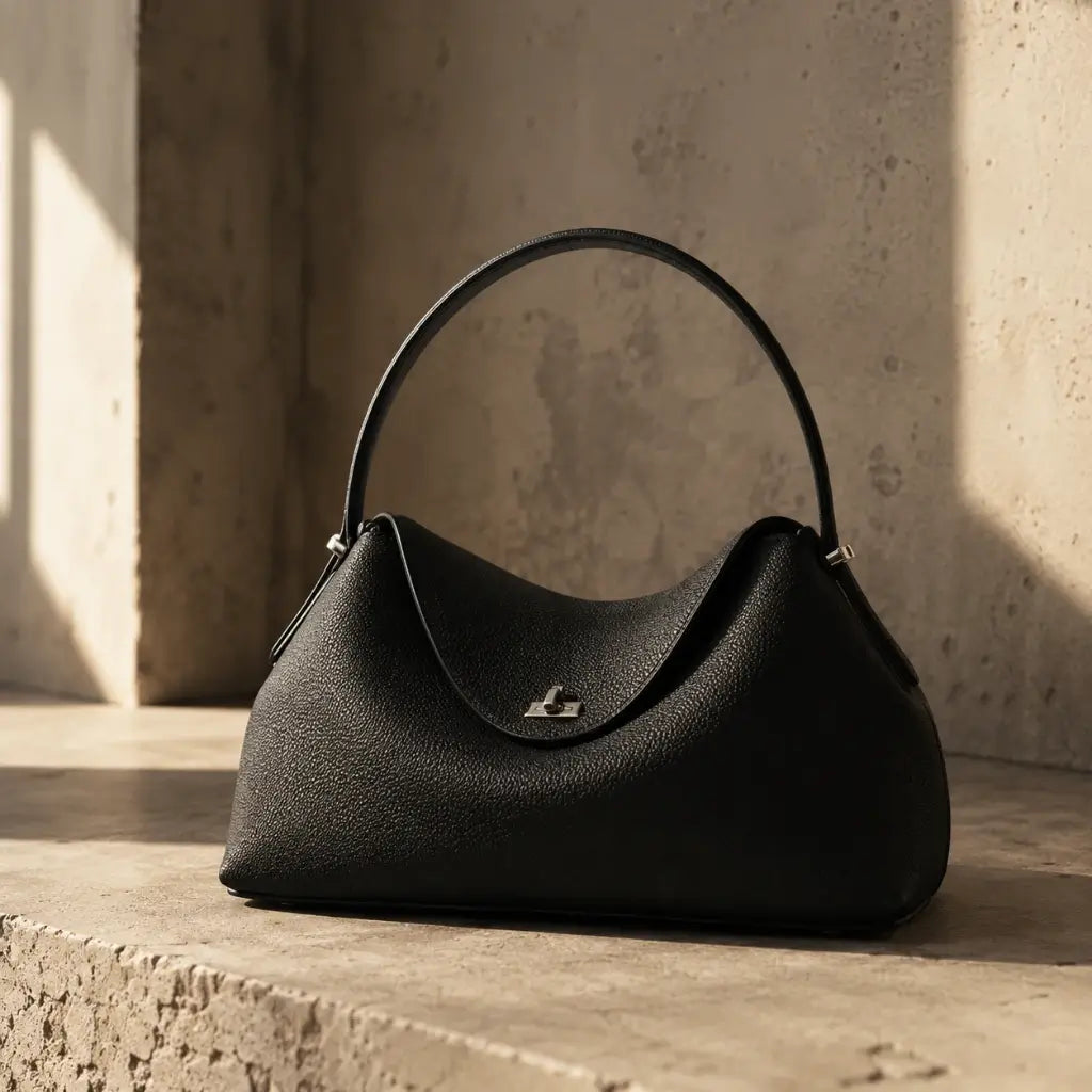 Bolsa Feminina em Couro Calla Preta com alça arqueada slim e fecho prata apoiada em superfície de concreto com luz natural