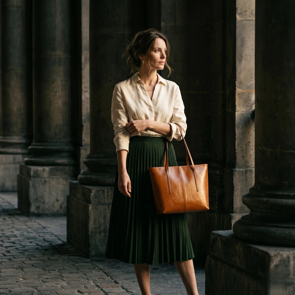 Mulher elegante com saia plissada verde floresta e bolsa tote de couro caramelo entre colunas de pedra parisienses com luz dramática lateral