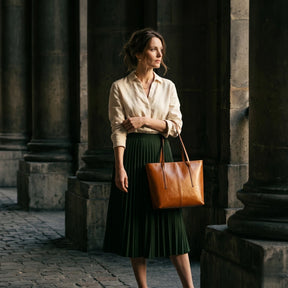 Mulher elegante com saia plissada verde floresta e bolsa tote de couro caramelo entre colunas de pedra parisienses com luz dramática lateral