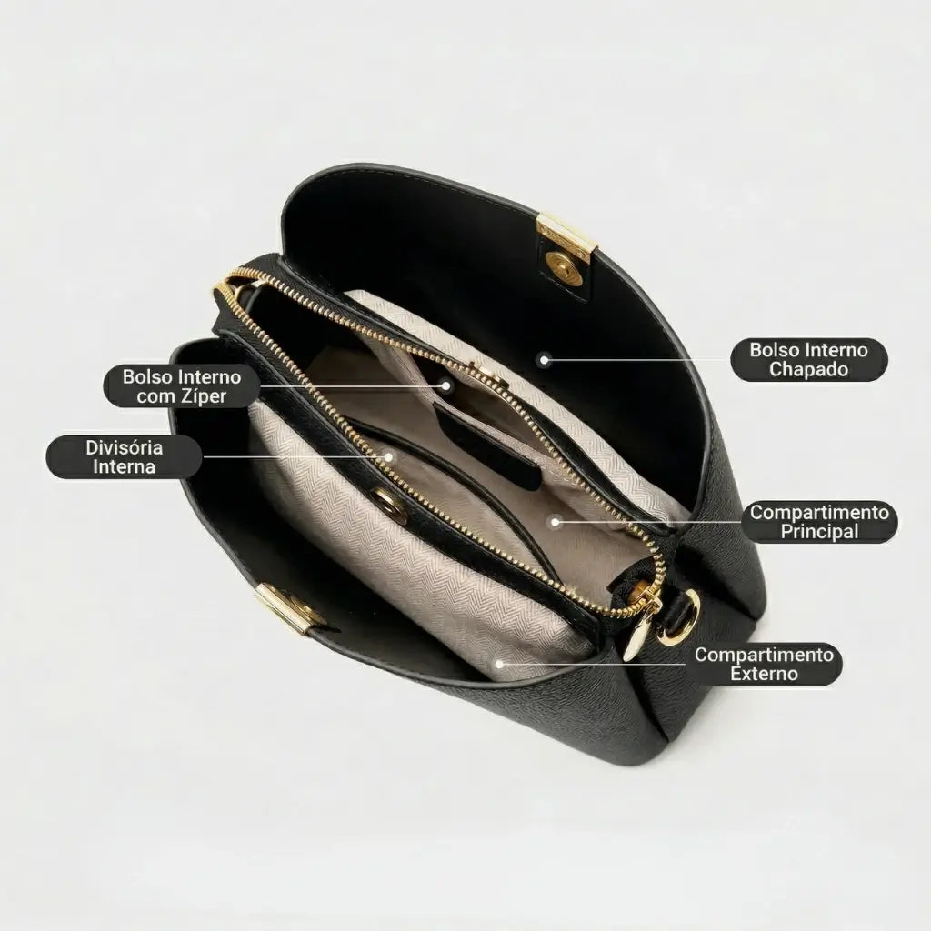 Interior de bolsa feminina em couro preto com divisórias, bolso com zíper e compartimentos organizadores para itens pessoais