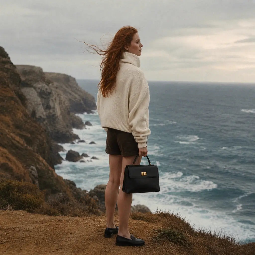 Vista traseira da Bolsa Feminina em Couro Preta Louise carregada pela alça de mão, em look outono com suéter gola alta e shorts, à beira-mar
