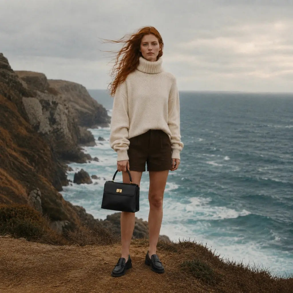 Modelo segurando a Bolsa Feminina em Couro Preta Louise pela alça de mão, combinada com suéter creme e shorts marrom em cenário costeiro