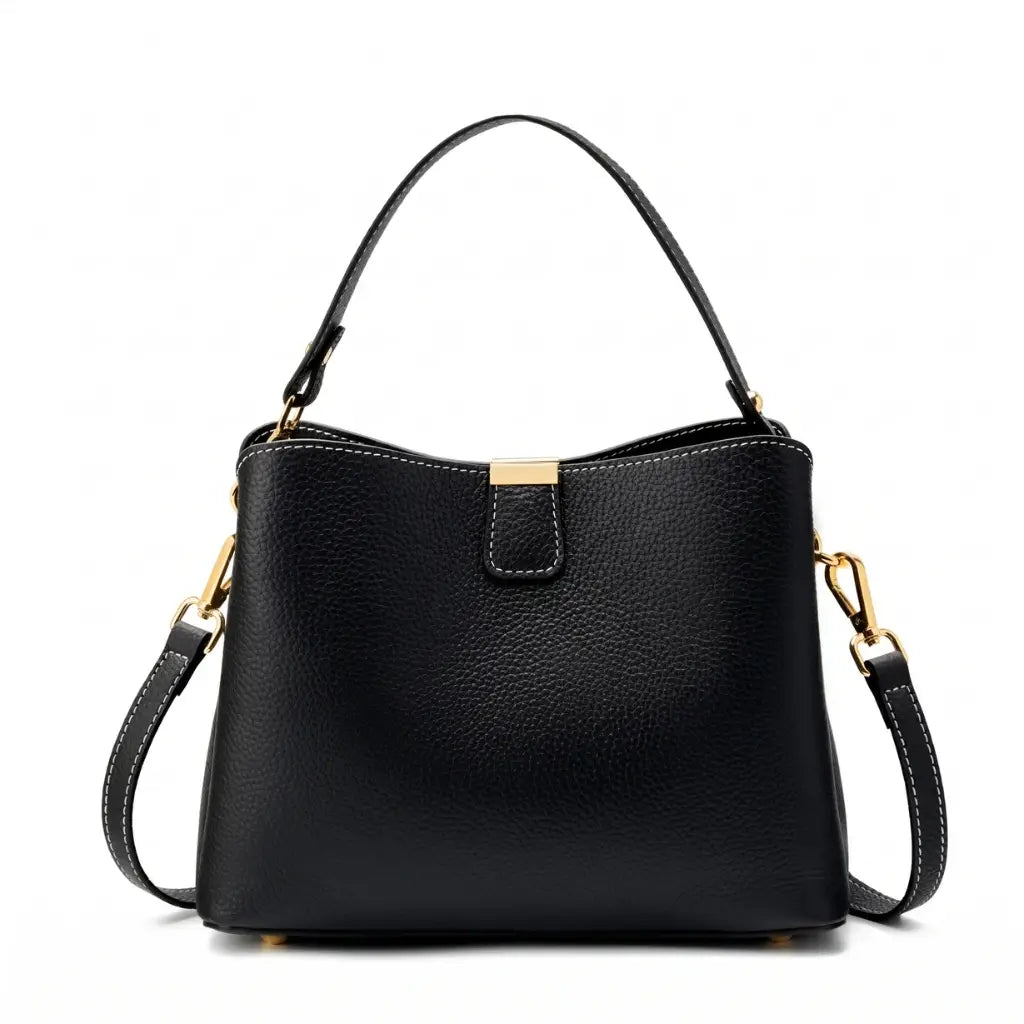 Bolsa feminina em couro preto premium com alça de mão e transversal, design moderno e sofisticado com acabamento de alta qualidade