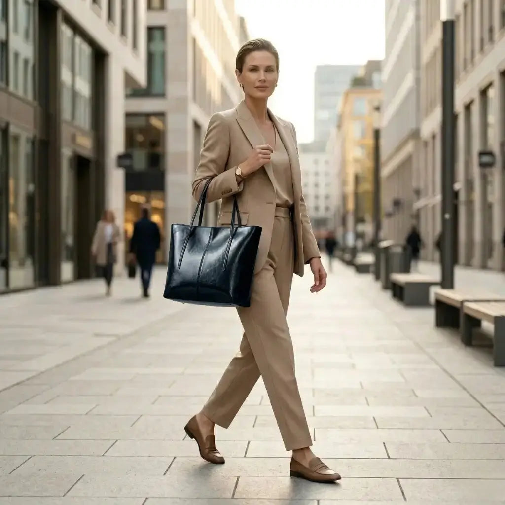 Bolsa Tote Élise em couro preto sendo usada por modelo com terno bege, vista de perfil. A imagem destaca o tamanho generoso da bolsa e como ela se ajusta ao corpo, ideal para um look de trabalho sofisticado.