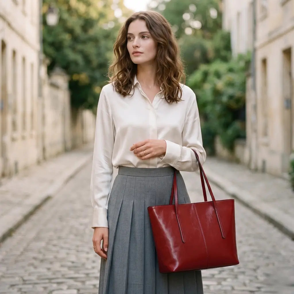 Bolsa feminina em couro tote vermelha sendo usada por mulher elegante em look sofisticado na rua