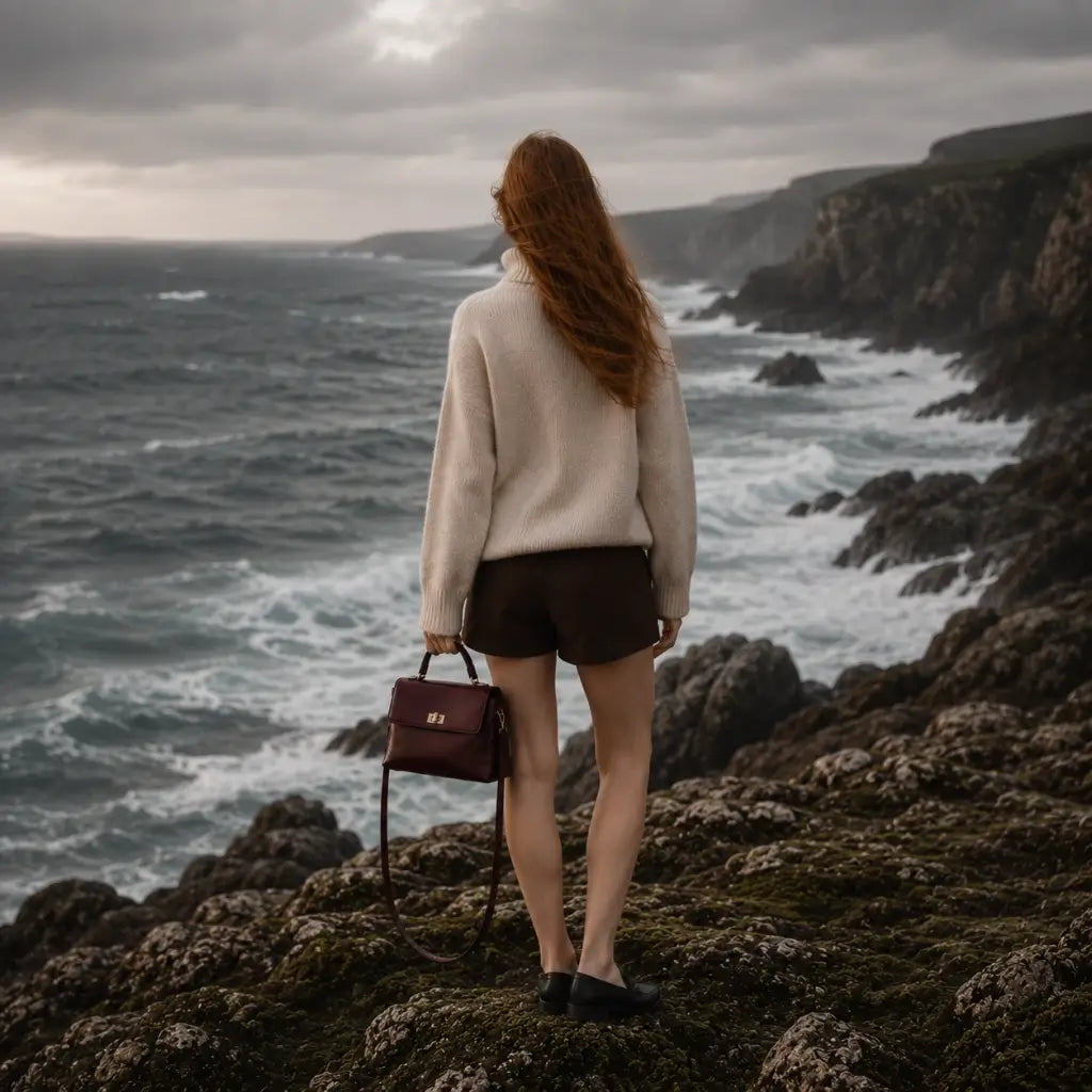 Modelo caminhando entre pedras usando a Bolsa Feminina em Couro Louise Bordô no estilo crossbody de luxo.