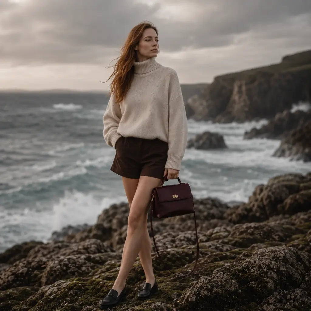 Modelo observando o mar com a Bolsa Feminina em Couro Louise Bordô em cenário costeiro cinematográfico.