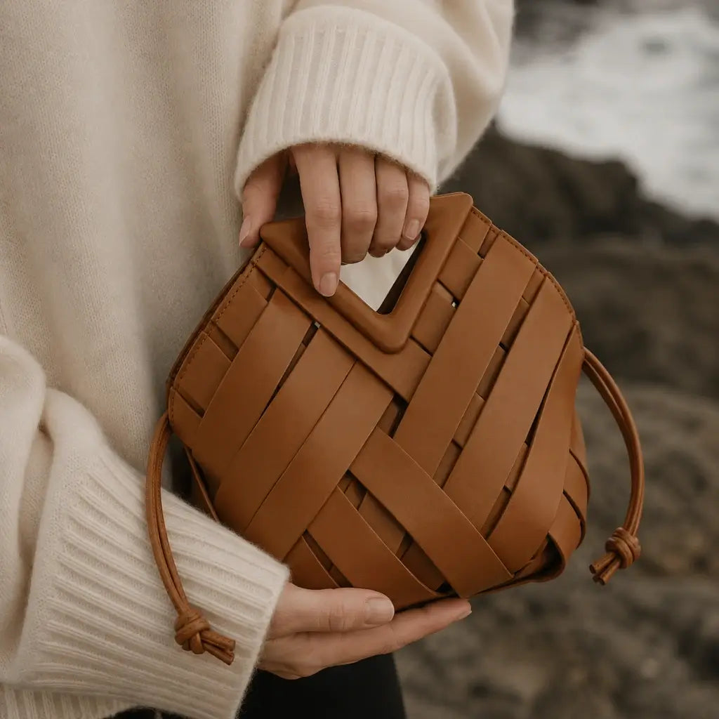 Bolsa feminina marrom caramelo de mão em couro trançado estilo intrecciato, com foco na alça triangular rígida e recortada, segurada por uma mão em um cenário costeiro."
