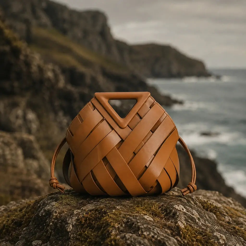 Bolsa de mão feminina marrom caramelo em couro trançado, pousada sobre uma pedra natural coberta de musgo, com o mar e penhascos nublados ao fundo, transmitindo um design de luxo.
