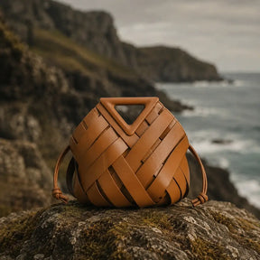 Bolsa de mão feminina marrom caramelo em couro trançado, pousada sobre uma pedra natural coberta de musgo, com o mar e penhascos nublados ao fundo, transmitindo um design de luxo.