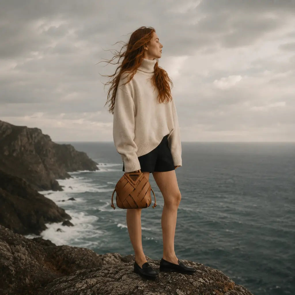 "Uma modelo de costas em pé num penhasco costeiro nublado, usando um suéter creme oversized e segurando uma bolsa feminina marrom caramelo em couro trançado.