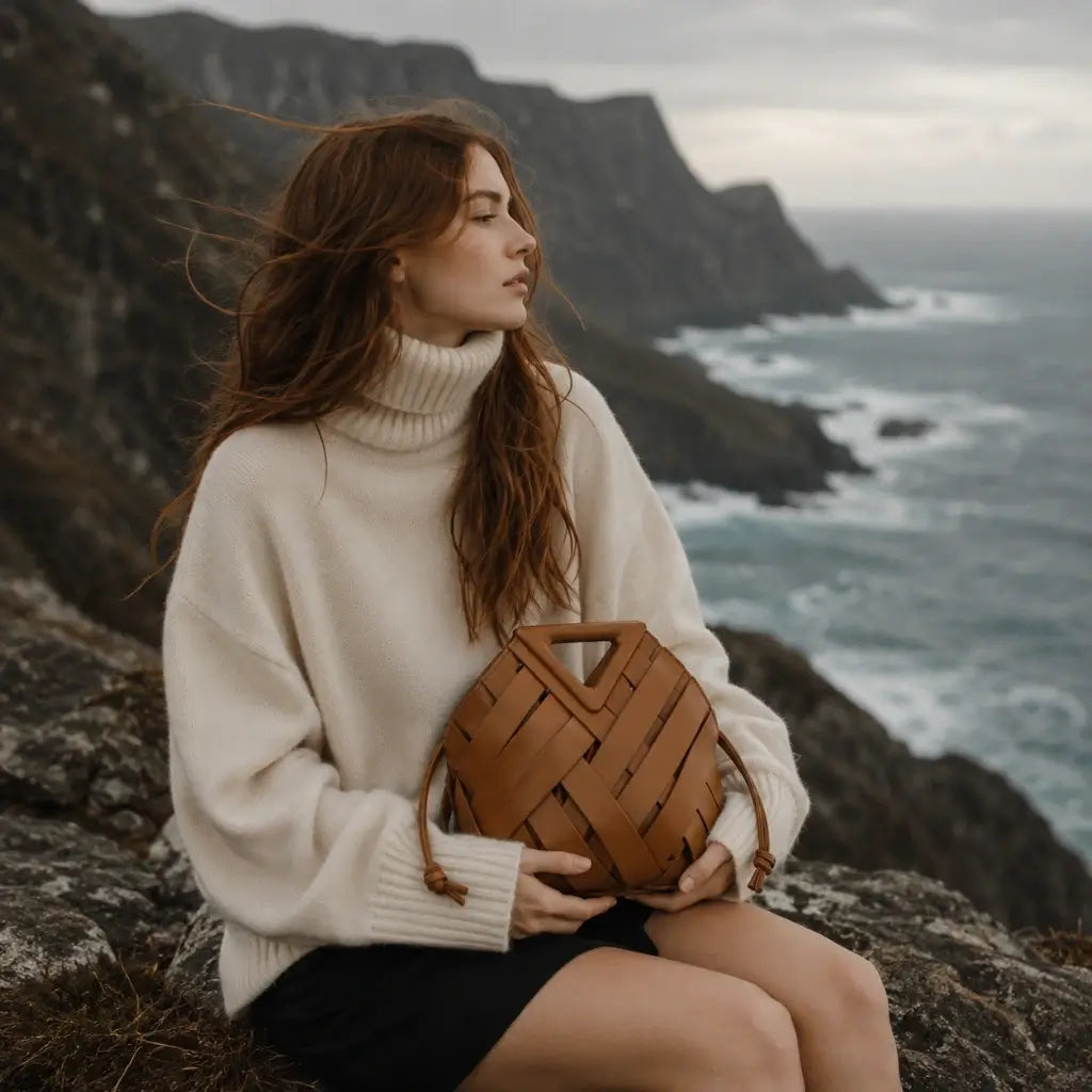 Uma foto de estilo de vida de uma mulher ruiva sentada em rochas na costa, usando um suéter creme e segurando uma bolsa feminina marrom caramelo em couro trançado. Visual elegante e atemporal.