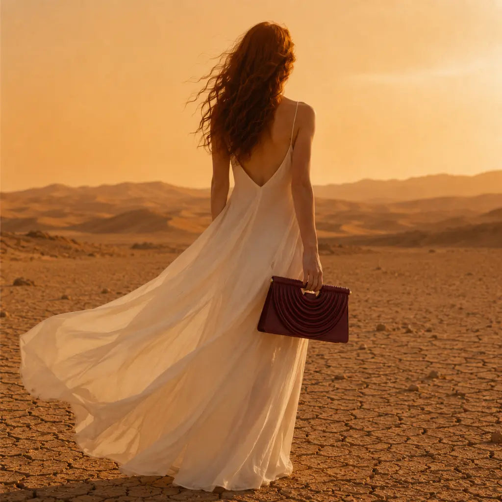 Bolsa feminina trançada borgonha Maya Nualle modelo costas look longo deserto pôr do sol